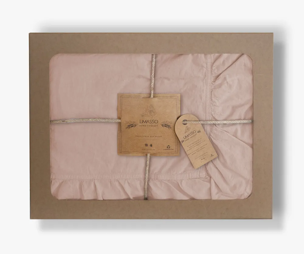 Pościel bawełniana 160x200 różowa pudrowa z falbanką jednobarwna w pudełku Stonewashed Camelio Roses