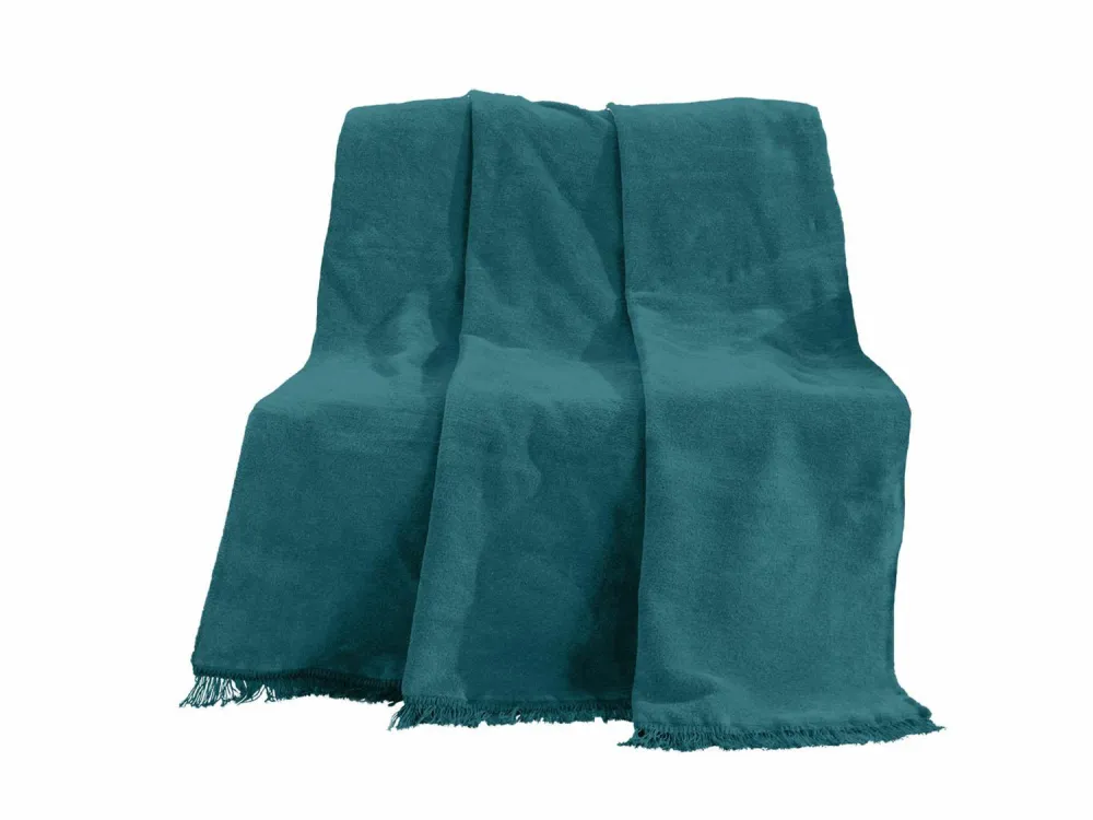 Koc bawełniany akrylowy 200x220 B484 turkusowy ciemny jednobarwny z frędzlami narzuta na łóżko 450g/m2
