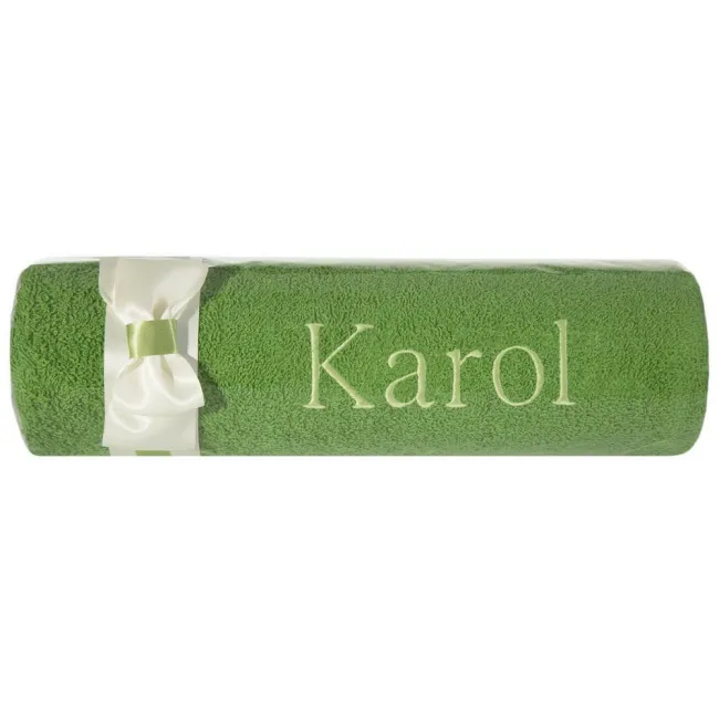 Ręcznik z haftem 50x90 Karol zielony kremowy kokarda na prezent imieninowy