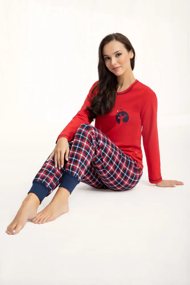 Piżama damska długa 625 czerwona          z reniferem krata rozmiar: 3XL
