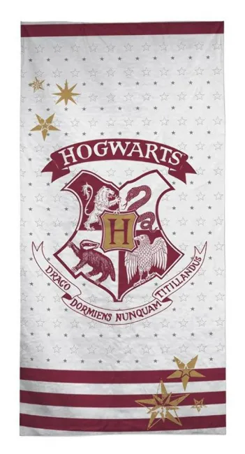 Ręcznik plażowy 70x140 Hogwart Harry Potter herb HP_01 BT biały bordowy gwiazdki 2550 bawełniany