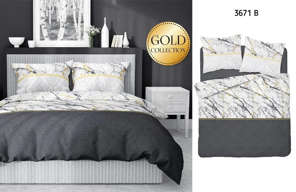Pościel satynowa 220x200 3671 B biała grafitowa złota marmur Glamour Home Satin 3