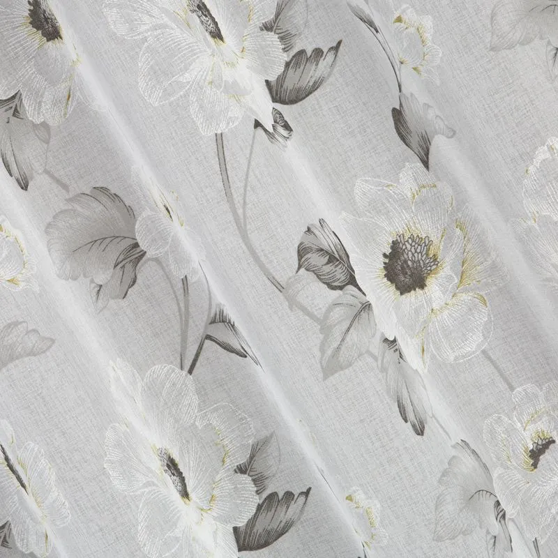 Firana 140x250 Bessy biała oliwkowa gotowa na przelotkach z matowej etaminy z kwiatowym motywem Eurofirany