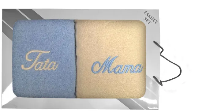 Komplet ręczników w pudełku 2 szt 70x140 Mama Tata kremowy błękitny 05
