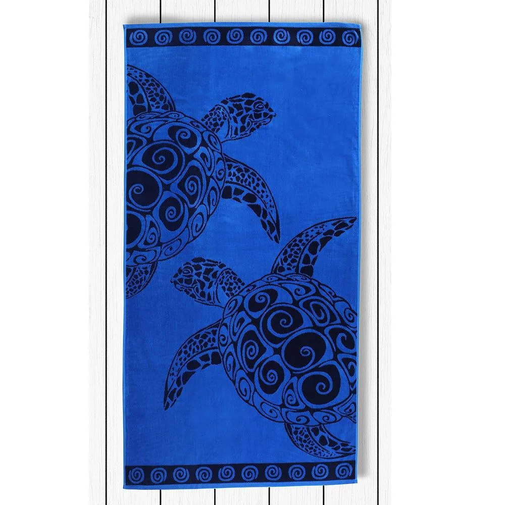 Ręcznik plażowy 90x180 Navyturtle 0432 Niebieski żółwie spirale pasy granatowe