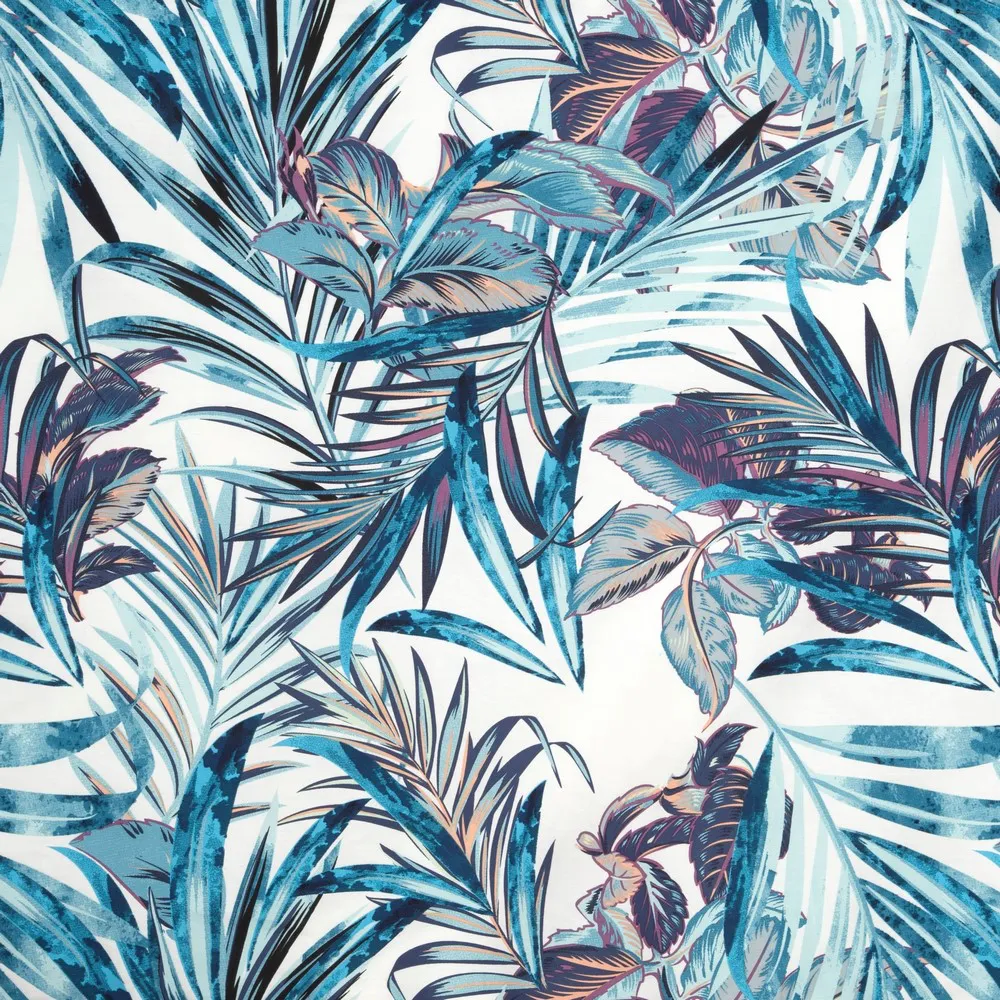 Pościel satynowa 160x200 kwiaty liście palmy egzotyczna roślinna biała turkusowa niebieska Nuria Eurofirany