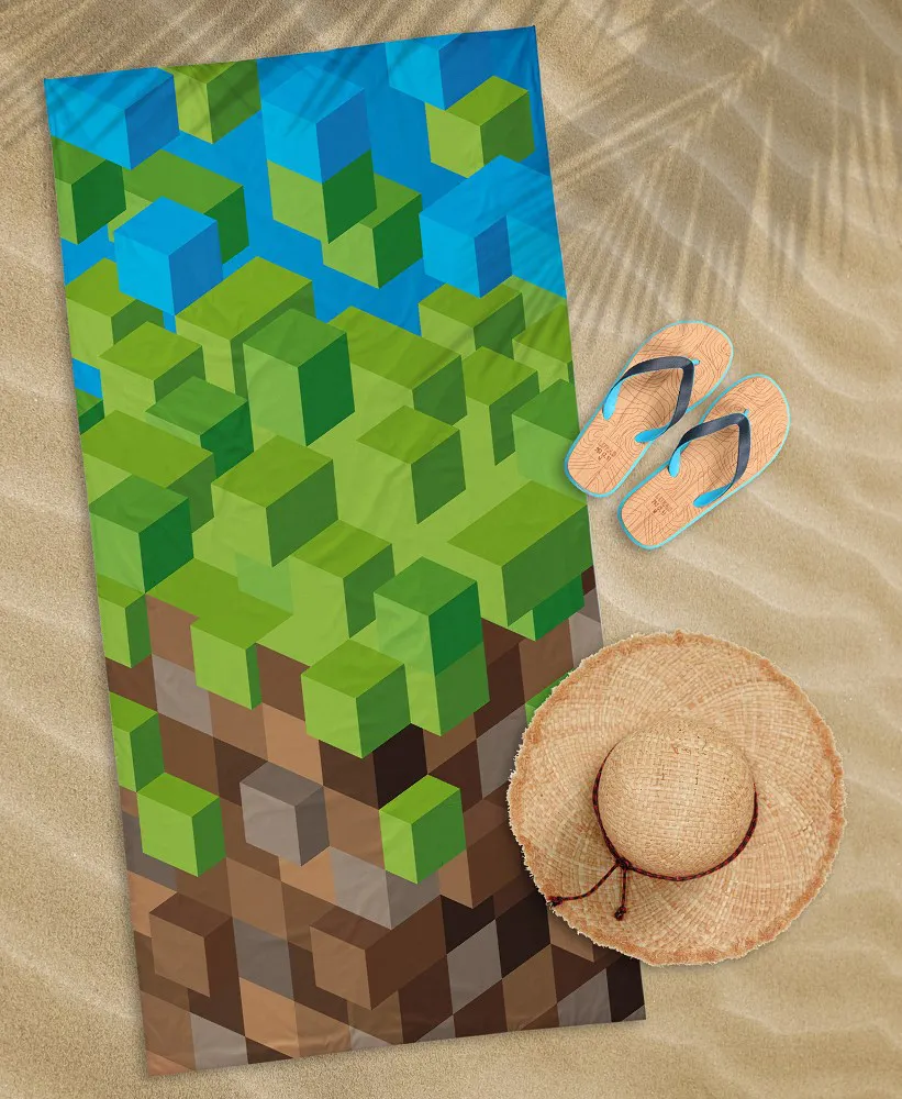 Ręcznik plażowy 70x140 Minecraft Pixel    77 zielony brązowy dziecięcy bawełniany