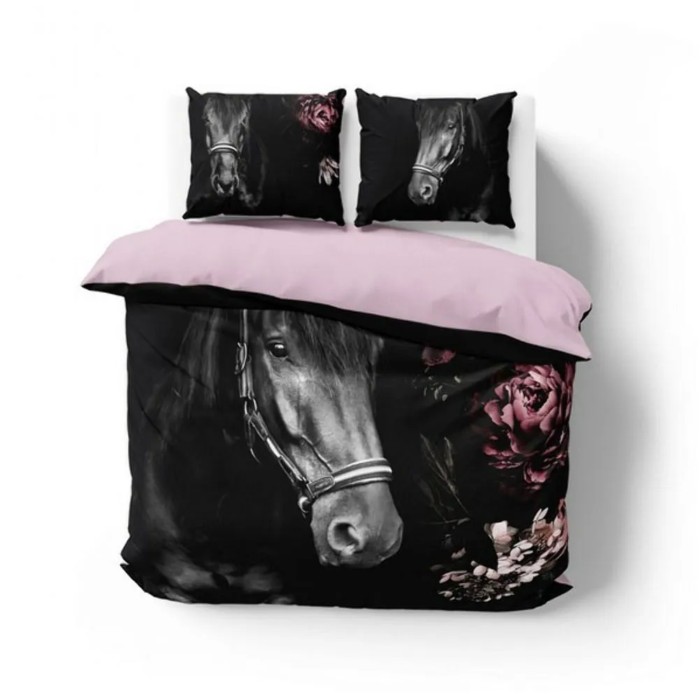Pościel bawełniana 220x200 3821 A Koń czarna różowa kwiaty młodzieżowa konie horse Holland Natura 2