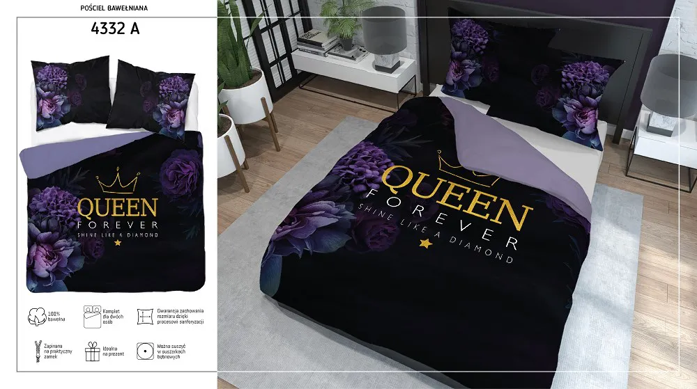 Pościel bawełniana 160x200 Queen kwiaty   fioletowa czarna 4332 A Home 130