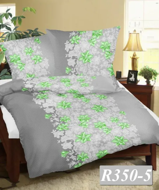 Pościel z kory 200x220 R350-5 szara grafitowa kwiatki zielone zapinana na guziki 100% bawełna