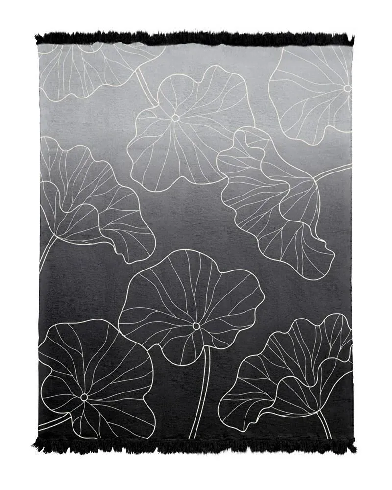 Koc bawełniany akrylowy 150x200 czarny    liście z frędzlami 115bjb