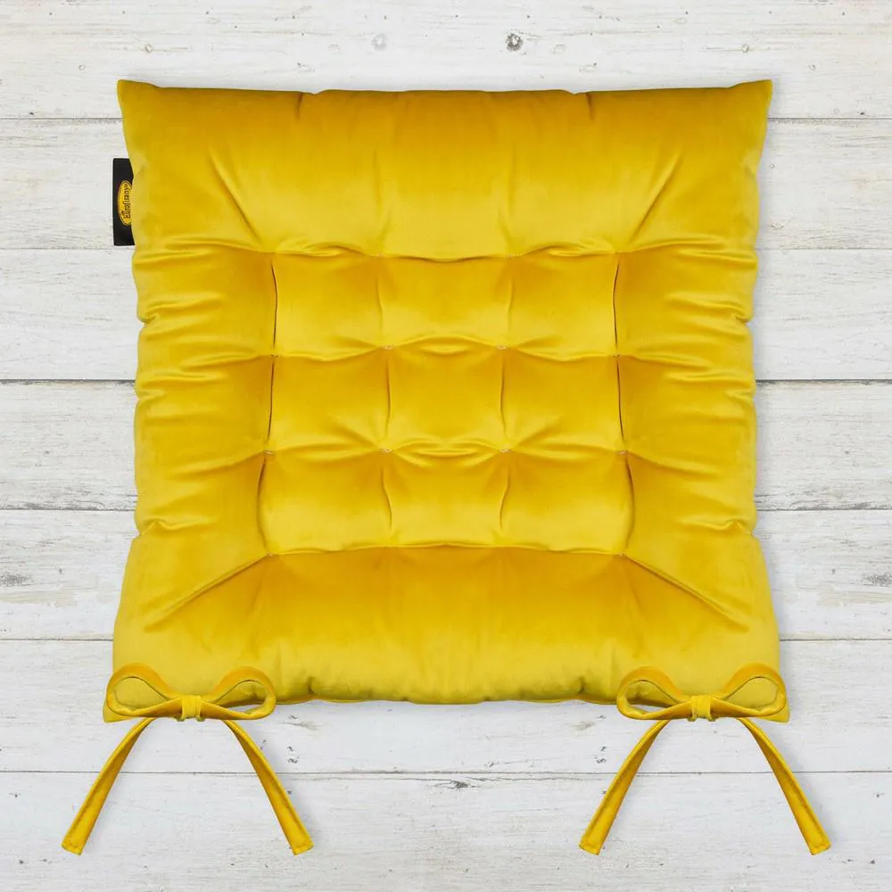 Poduszka siedzisko 40x40x8 Velvet 16 na krzesło żółta welwetowa z wiązaniem dekoracyjna Eurofirany
