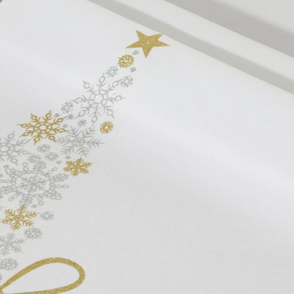 Obrus bieżnik świąteczny 40x140 Aspazy biały choinka śnieżynki złote srebrne Eurofirany