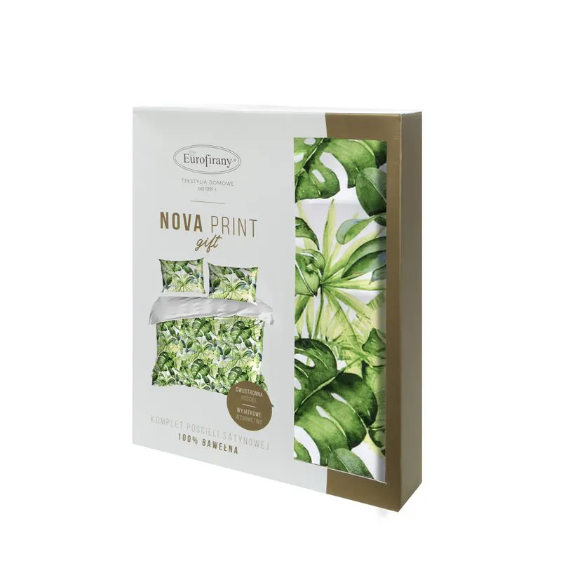 Pościel satynowa 160x200 Monstera   liście palmy monstery zielona biała egzotyczna roślinna w pudełku Nova Print Gift Eurofirany