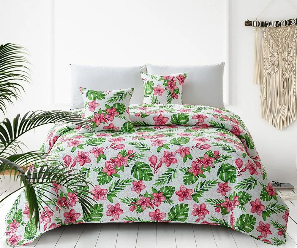 Narzuta dekoracyjna 160x220 liście palmy monstery kwiaty biała zielona różowa Monstera