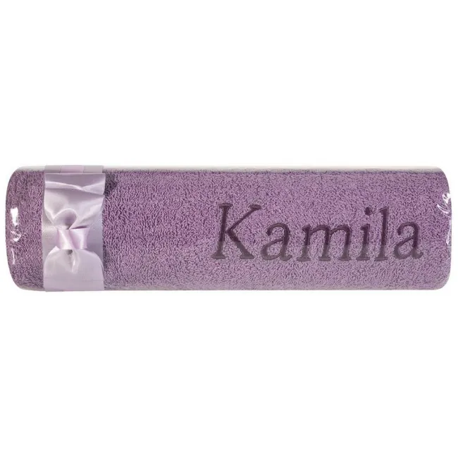 Ręcznik z haftem 50x90 Kamila fioletowy wrzosowa kokarda na prezent imieninowy