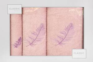 Komplet ręczników w pudełku 3 szt pudrowy lililowy piórka 380g/m2 Nadia Eurofirany