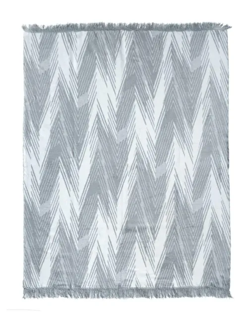 Koc bawełniany akrylowy 150x200 035 JB szary biały zygzak z frędzlami