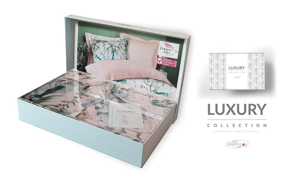 Pościel satynowa 160x200 Coleus w pudełku kwiaty liście różowa dwustronna Luxury Premium