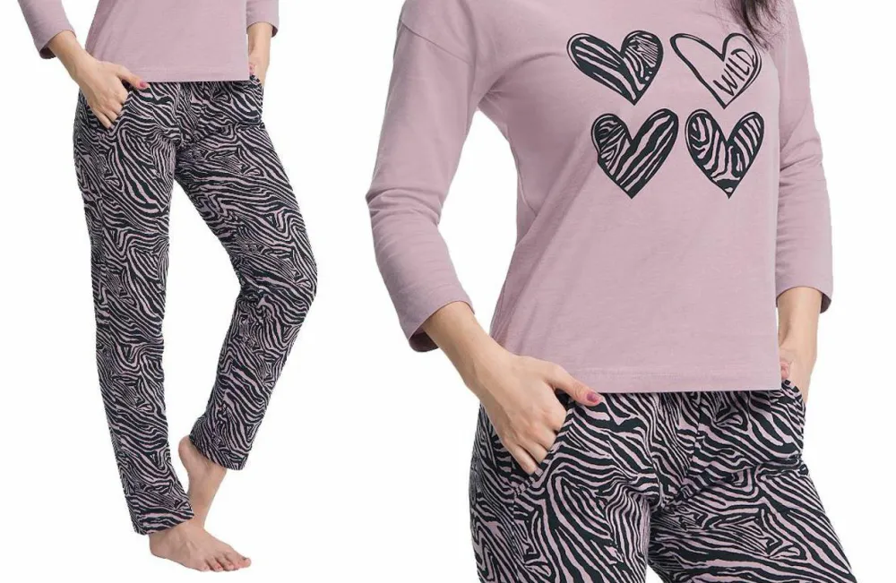 Piżama damska 565 pudrowa zebra XL rękaw 3/4 spodnie długie bawełniana