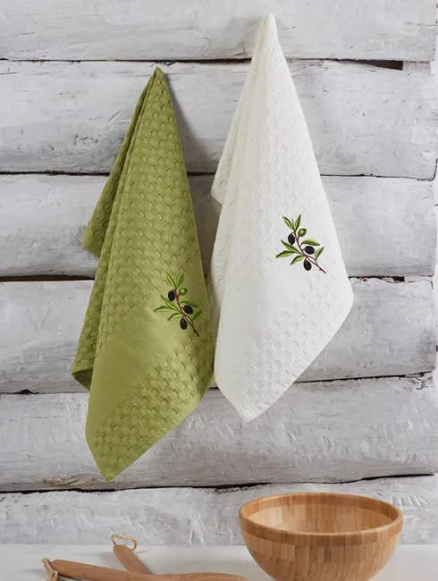 Komplet ręczników kuchennych Beldi 2szt waffel 45x65 haft oliwki ekri oliwkowy bawełniany