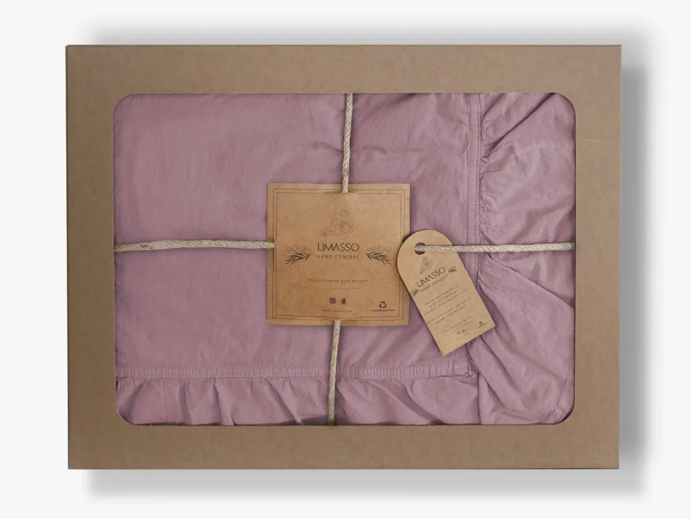 Pościel bawełniana 160x200 ciemna różowa  z falbanką jednobarwna w pudełku Stonewashed Pale Mavue