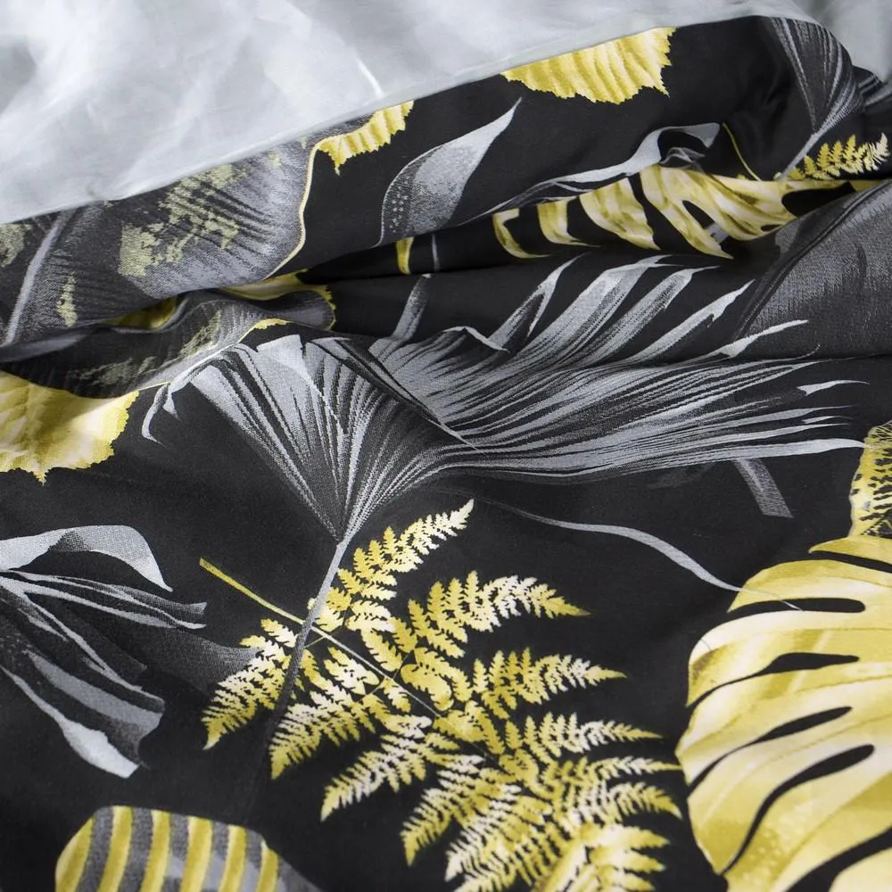 Pościel satynowa 160x200 liście palmy monstery czarna żółta szara egzotyczna roślinna w pudełku Dorado Nova Print Gift Eurofirany