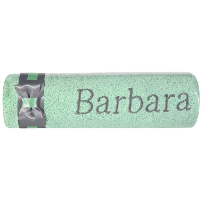 Ręcznik z haftem 50x90 Barbara miętowy szara kokarda na prezent imieninowy