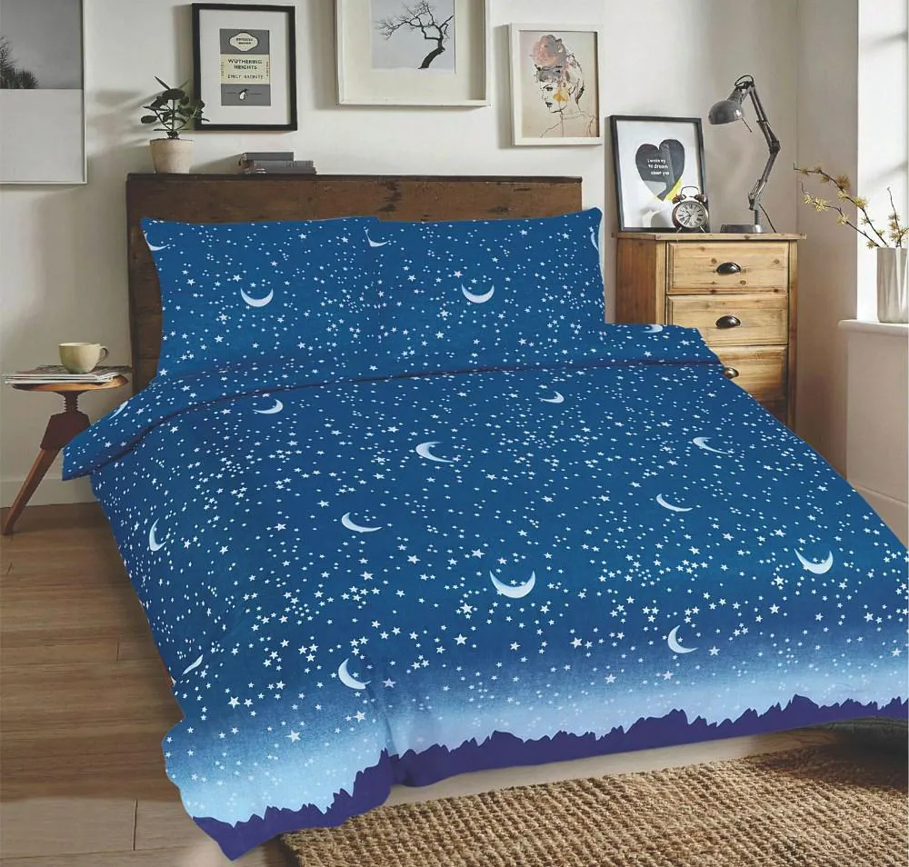Pościel bawełniana 160x200 Gwiazdy księżyce niebieska Universal Matex