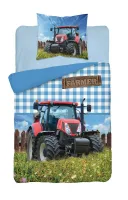 Pościel bawełniana 140x200 Traktor czerwony Farmer farma pole niebieska krata 3155A
