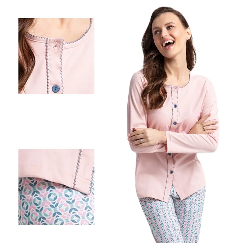 Piżama damska długa 599 różowa niebieska  geometryczna rozmiar: XL rozpinana