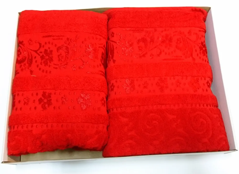 Komplet ręczników Maniana 2 szt wytłaczany czerwony ozdobna bordiura 50x100 70x140