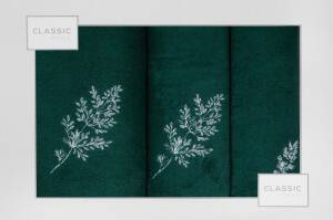 Komplet ręczników w pudełku 3 szt zielony ciemny srebrny kwiatki liście gałązki 380g/m2 Kamil Eurofirany
