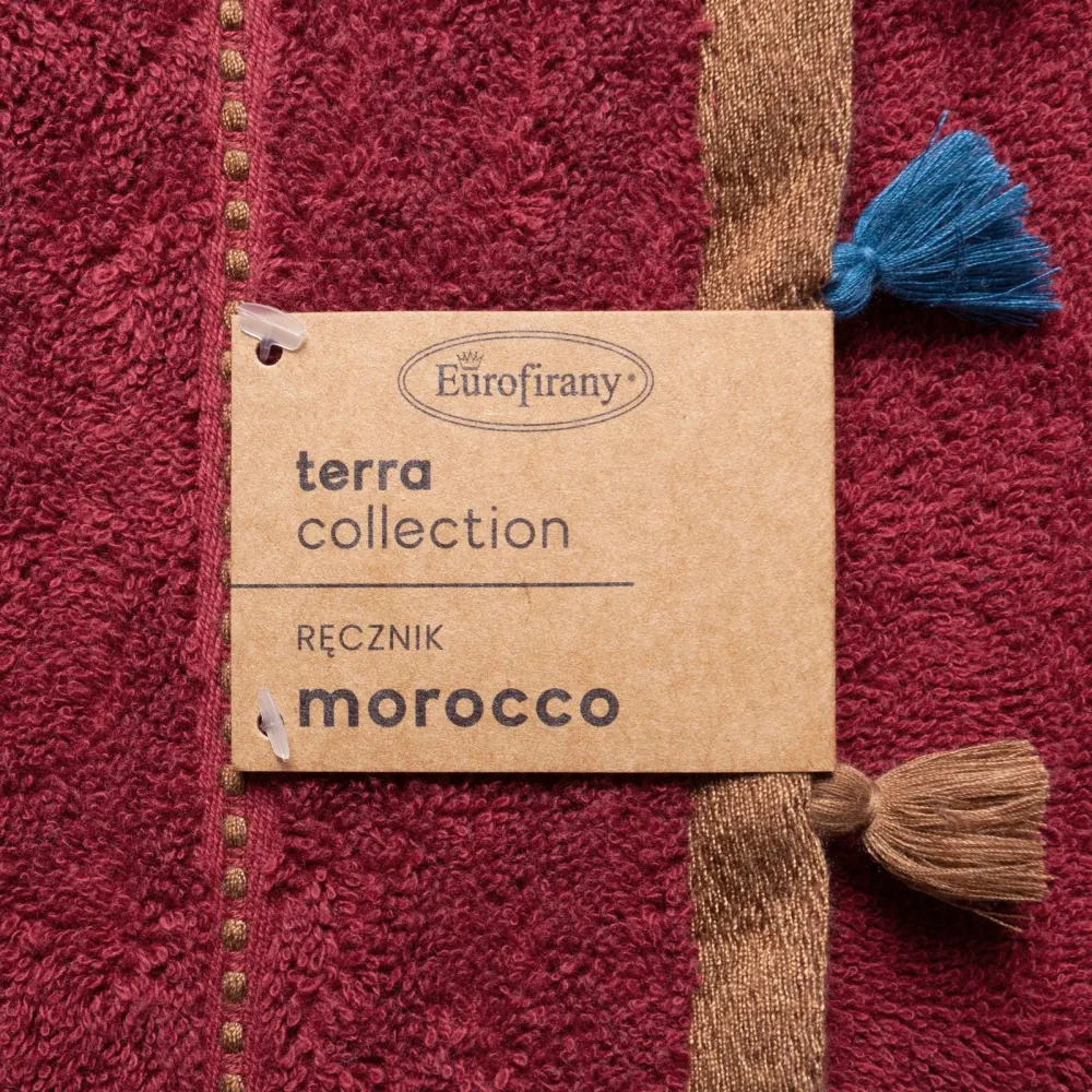 Ręcznik Morocco 1 70x140  bordowy frotte z frędzlami oraz ozdobną bordiurą w pasy 480 g/m2 Terra Collection Eurofirany