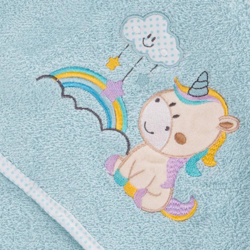 Okrycie kąpielowe niemowlęce 100x100 Baby 34 niebieski Jednorożec ręcznik z kapturkiem 350g/m2 Eurofirany