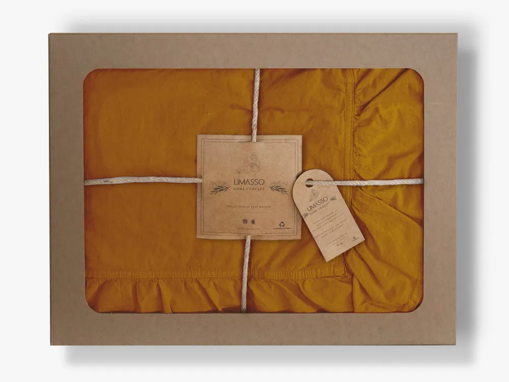 Pościel bawełniana 160x200 musztardowa z falbanką w pudełku jednobarwna Stonewashed Mustard