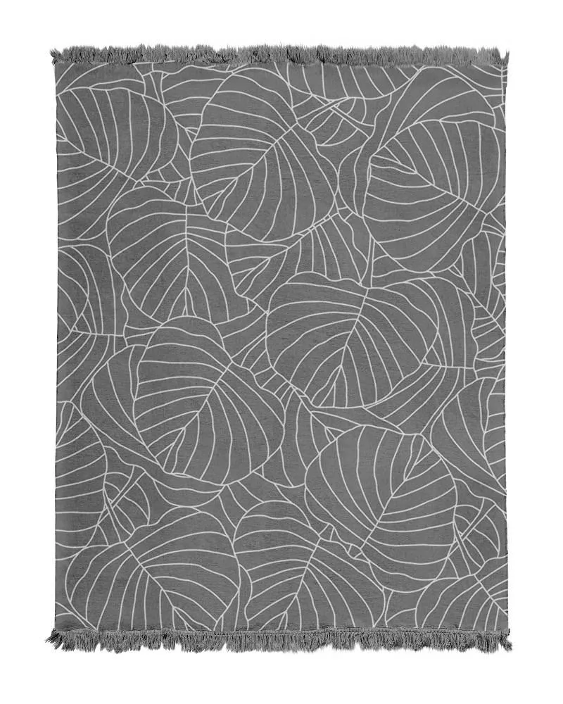 Koc bawełniany akrylowy 150x200 liście grafitowy kwiaty szary z frędzlami 085 JB Tureckie 25