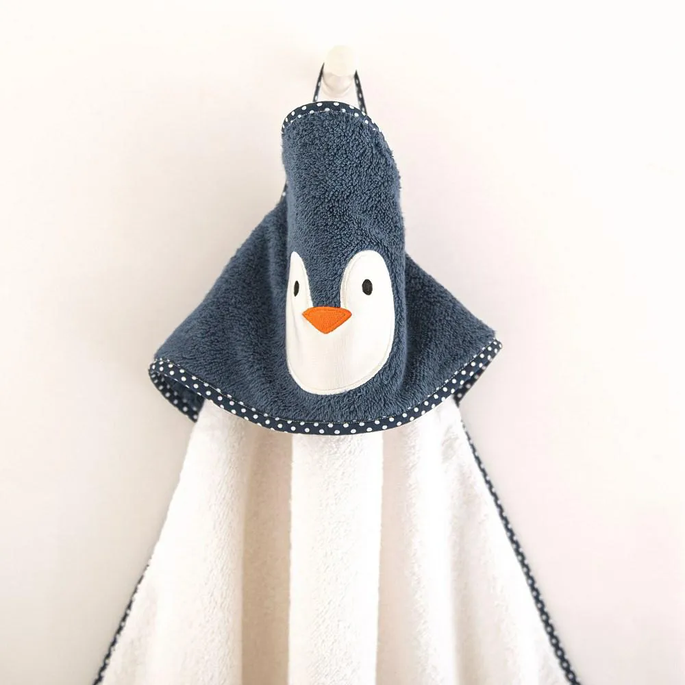 Okrycie kąpielowe niemowlęce 90x90 Pingwinek Alabaster-5730 ekri granatowe frotte ręcznik z kapturkiem dziecięcy