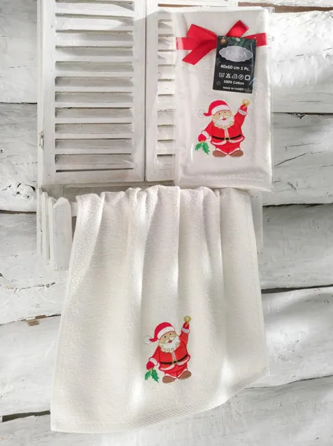 Ręcznik kuchenny świąteczny 40x60 Noel kremowy mikołaj haftowany