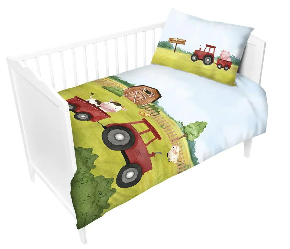 Pościel bawełniana 100x135 Traktor czerwony Farma błękitna do łóżeczka 9605 poszewka 40x60 3286 A