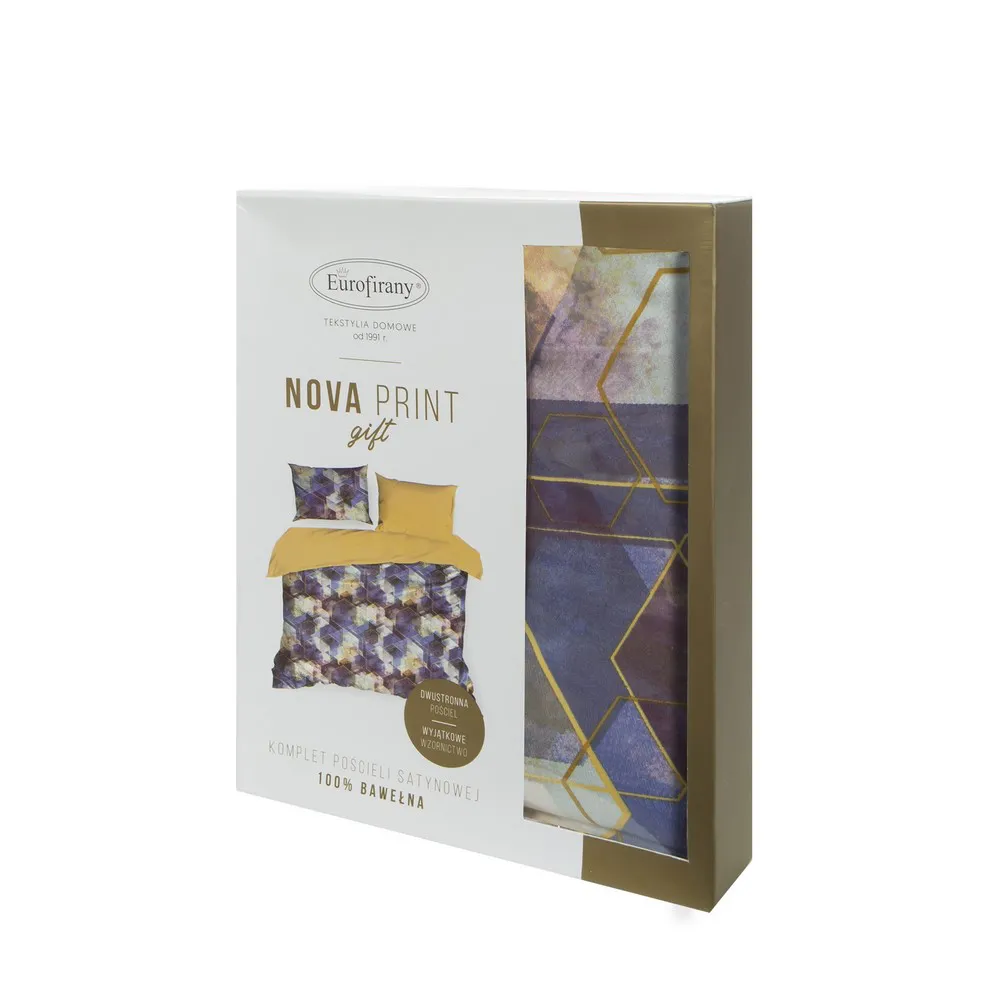 Pościel satynowa 220x200 sześciokąty geometryczna fioletowa musztardowa w pudełku Vitrage Nova Print Gift Eurofirany