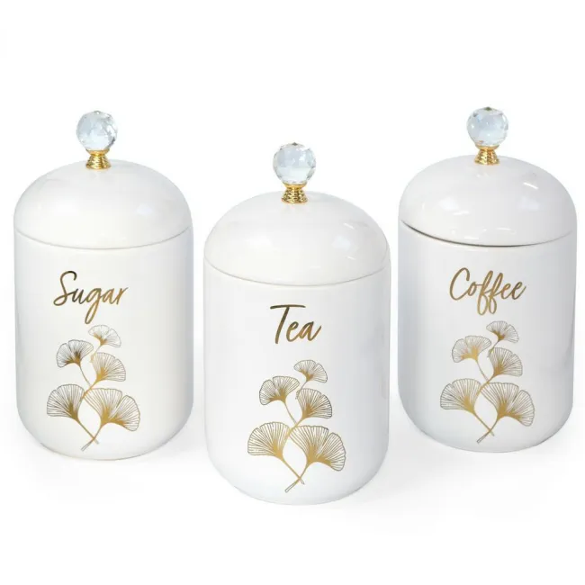 Komplet 3 pojemników Ginko 1 Kawa Herbata Cukier biały złoty ceramiczny 11x11x21 liście miłorzębu Eurofirany
