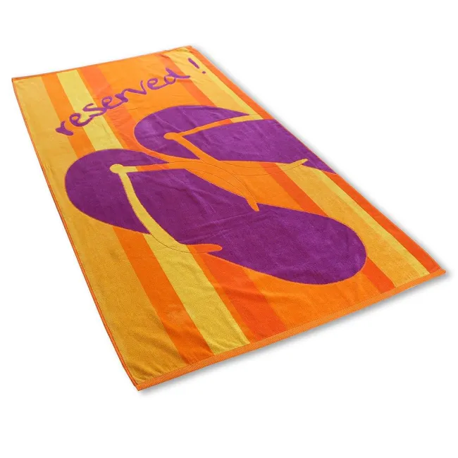 Ręcznik plażowy 90x180 Reservation 0494 Pasy żółte pomarańczowe klapki napis zarezerwowane