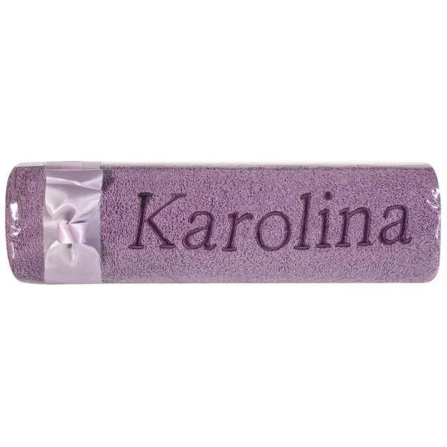 Ręcznik z haftem 50x90 Karolina fioletowy wrzosowa kokarda na prezent imieninowy