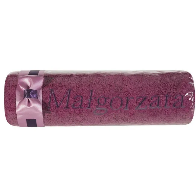 Ręcznik z haftem 50x90 Małgorzata fioletowy wrzosowa kokarda na prezent imieninowy