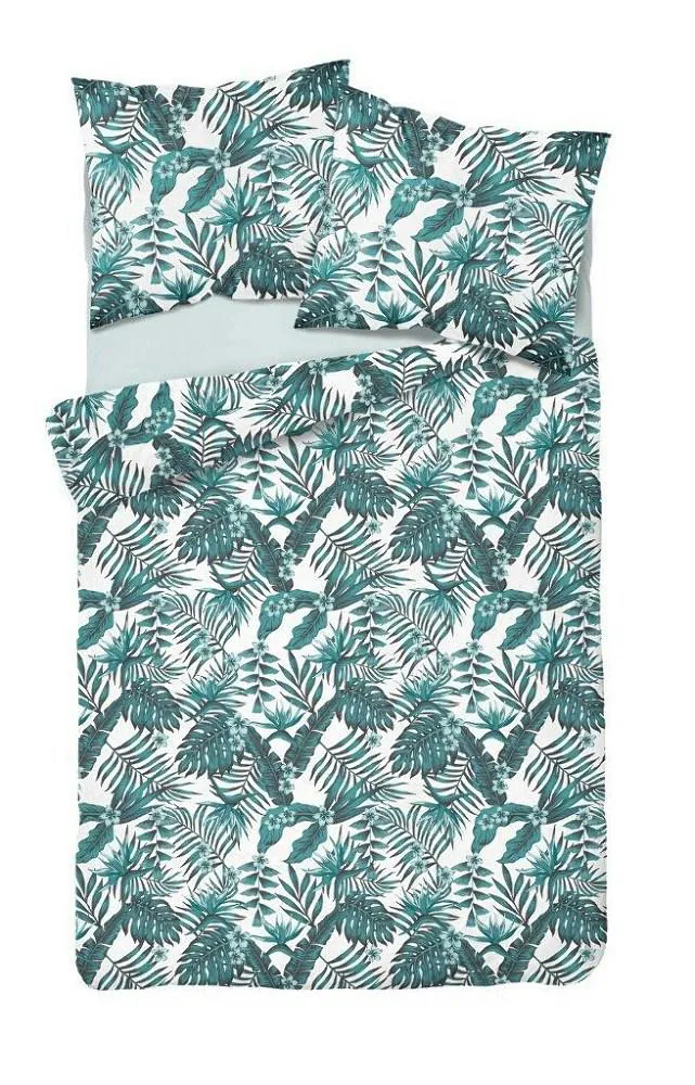 Pościel satynowa 160x200 3480 B turkusowa zielona w pudełku Liście kwiaty palmy Fashion Satin satyna bawełniana