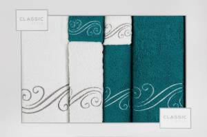 Komplet ręczników w pudełku 6 szt Aqua biały turkusowy ciemny ornamenty 380g/m2 Eurofirany