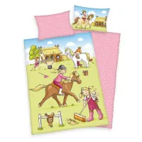 Pościel bawełniana 100x135 Konie zielona różowa dziecięca do łóżeczka H23