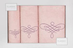 Komplet ręczników w pudełku 3 szt pudrowy liliowy Tattoo 380g/m2 Eurofirany