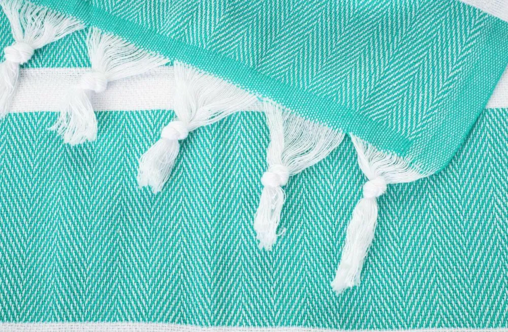 Ręcznik plażowy 100x180 Hamam turkusowy biały pasy frędzle bawełniany kąpielowy 210g/m2